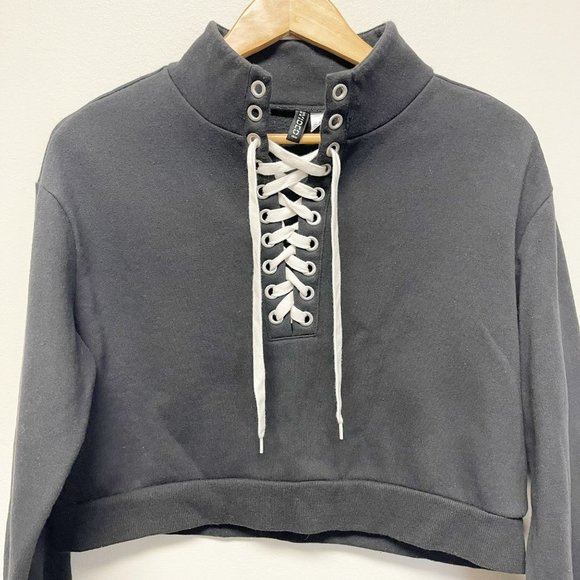 DIVIDED Black Cropped Lace Up Mock Neck Pullover Sweater Shoelace size S - Picture 2 of 9